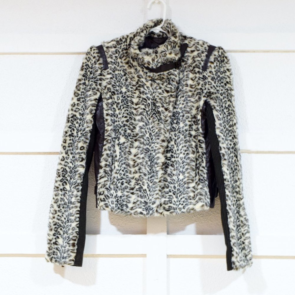 BCBG MAXAZRIA Austen Leopard Faux Fur & Vegan Leather Knit Sweater Jacket | XS